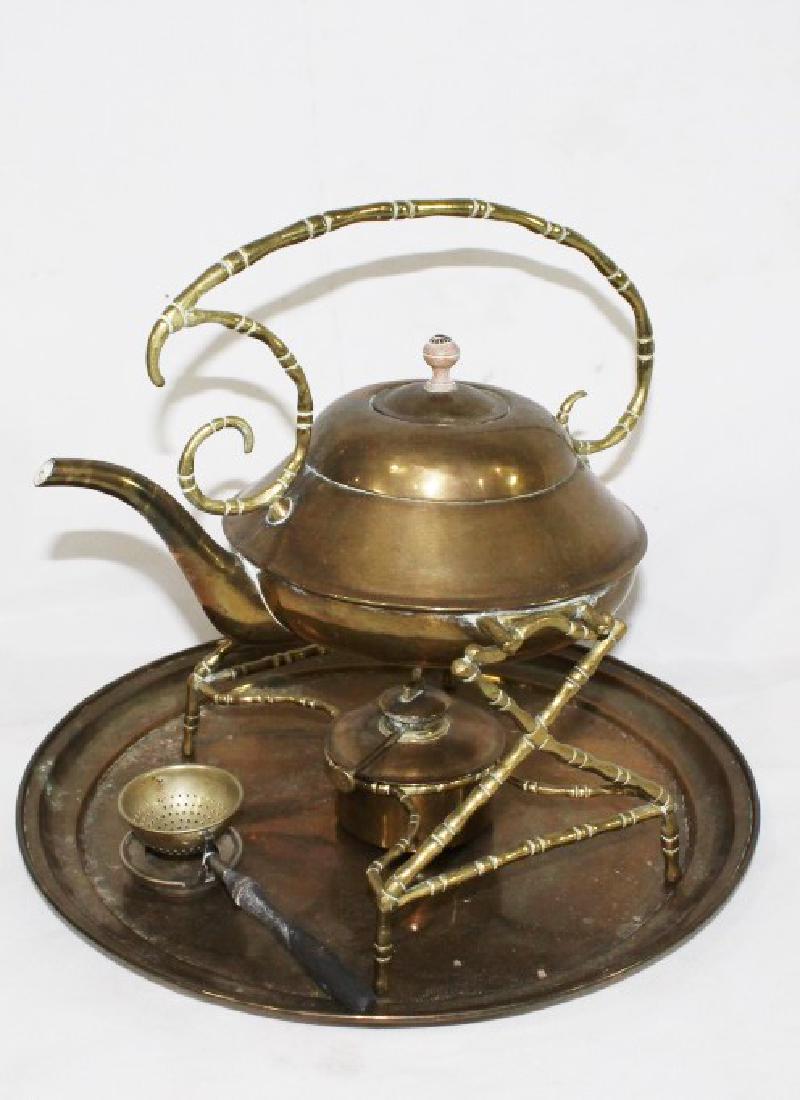 Brass tea pot w/ pour stand and tray. (1 of 2)