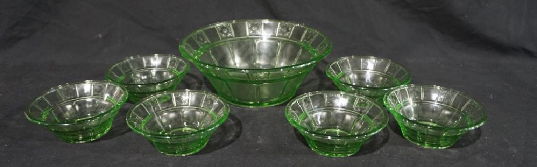 Green Vaseline Glass Serving Bowl w/ Custard Cups (1 of 2)