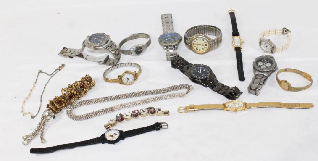 Lot of Misc. Watches & Costume Bracelets: Lot of Misc. Watches and Costume Bracelets. Includes Fossil watch and Mickey Mouse Disney Watch. All watches are untested and have scratches and tarnishing. Includes costume ladies watches. Includes b