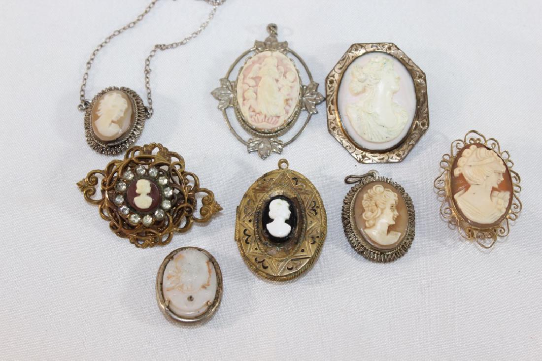 Misc Lot of Cameos Brooches and Necklace: chain is broke on one