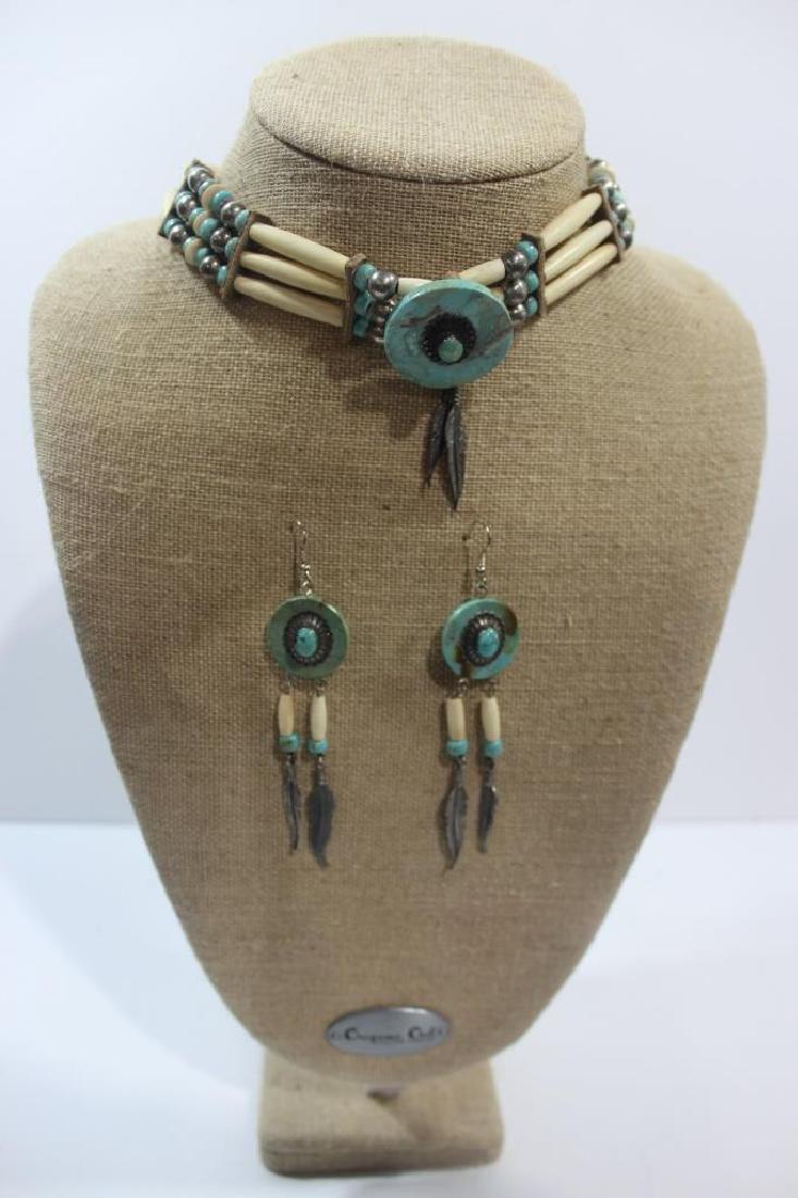 Turquoise and bone, choker and earrings set: as pictured