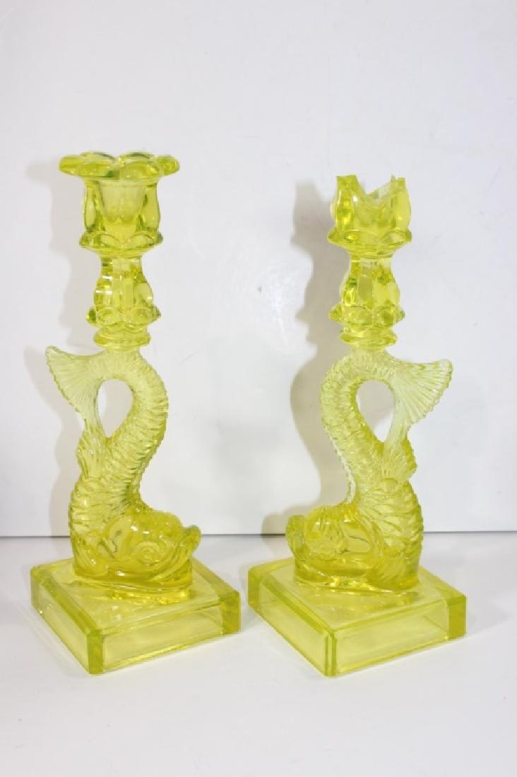 VASELINE GLASS CANDLESTICKS KOI FISH DOLPHIN MMA (1 of 4)