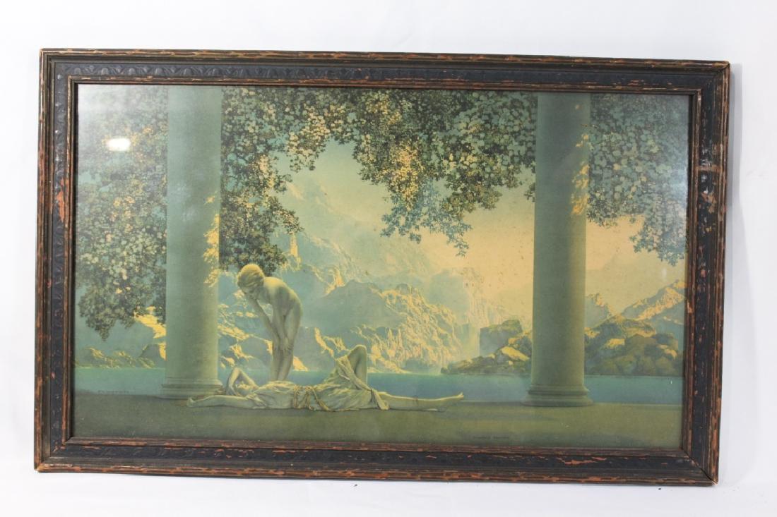 Vintage Maxfield Parrish - House of Art - Daybreak: Vintage Maxfield Parrish Print - Daybreak in an antique wood frame. This print was discovered between the studs in a wall. Measures about 19 1/2 inches by 12 inches tall framed