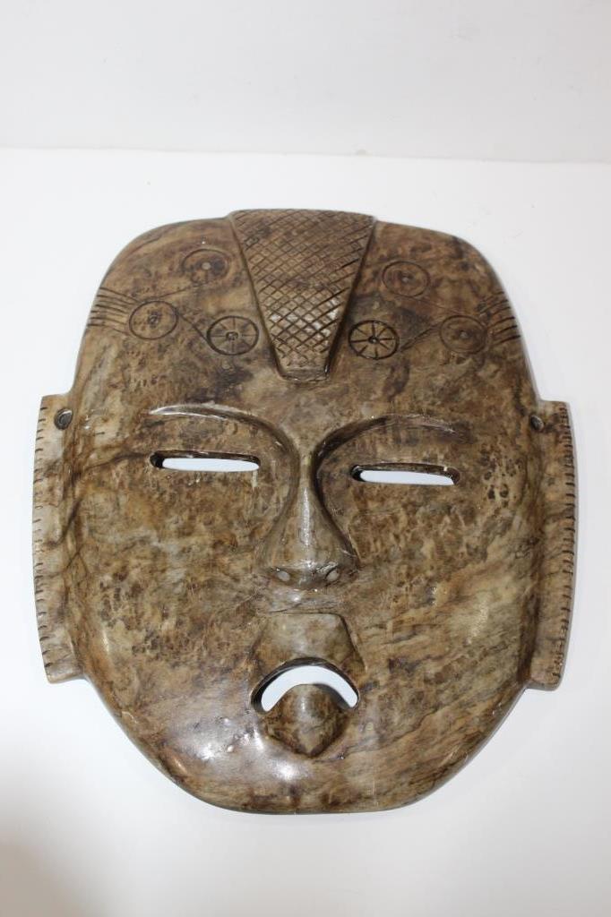 Vintage stone OLMEC MAYAN face mask: Vintage stone Large Mayan face mask-Mearsure\s 12 inches long and 10 inches wide-small scratch on nose.