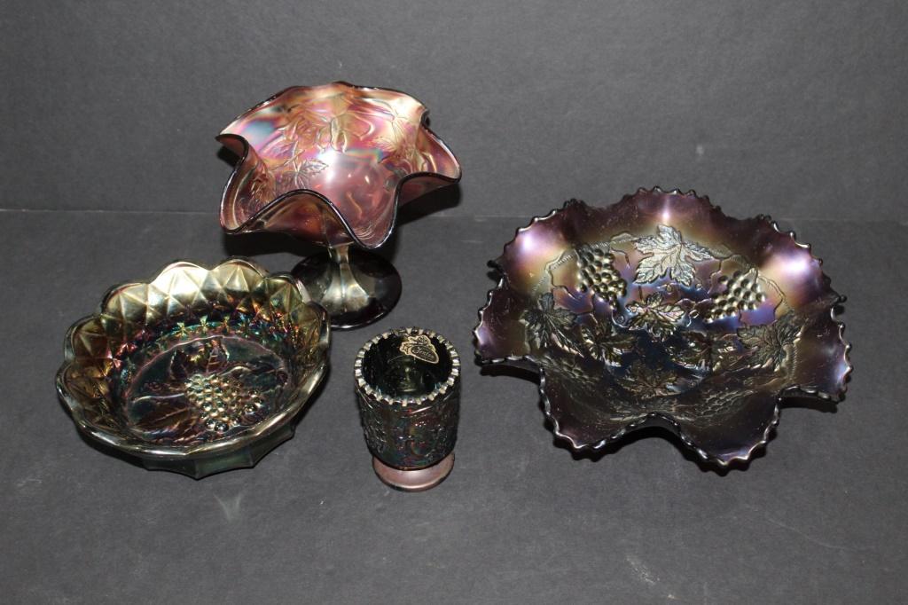 Four pieces of Carnival glass, Fenton, Northwood: Four antique pieces of Carnival glass- Fenton and Northwood-Small chip on the Pedestal