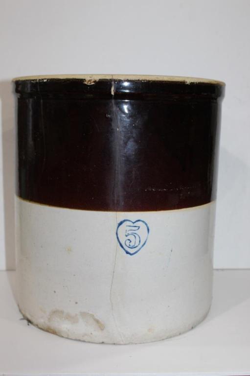 Antique stone ware crock 5 gal.: Antique Stone ware crock 5 gallon- with heart- Large crack in the front