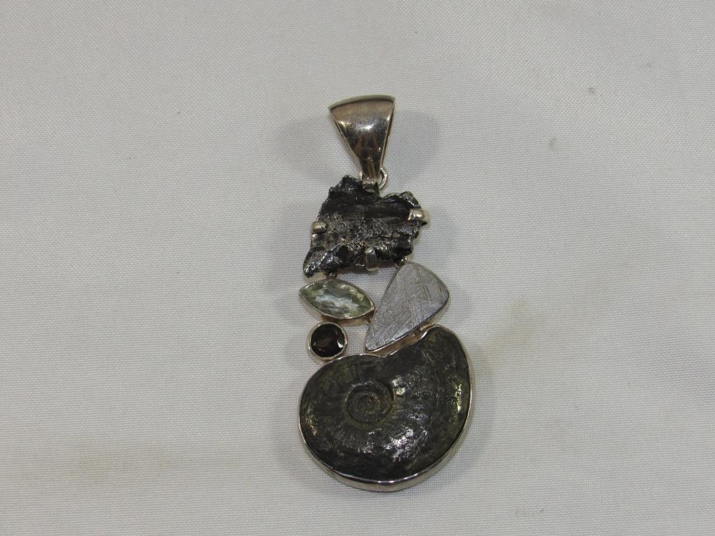 Stelring Silver Pendant - Shell and Gemstones: marked SJ 925 on back, measures about 3 inches long