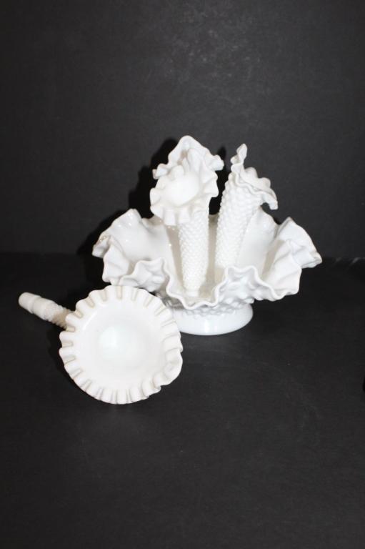 FENTON MILK GLASS HOBNAIL 3 HORN EPERGNE: FENTON MILK GLASS HOBNAIL 3 HORN EPERGNE-on extra horn- great condition-Measures roughly 8 inches tall and 8 inches across-extra horn measures 9 inches long_x000D_