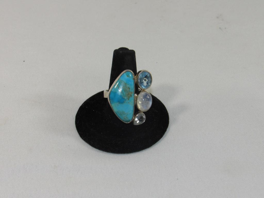 Chalcedony, Moonstone & Aquamarine Ring: STelring Silver - size 7.5 - lines in the chalcedony