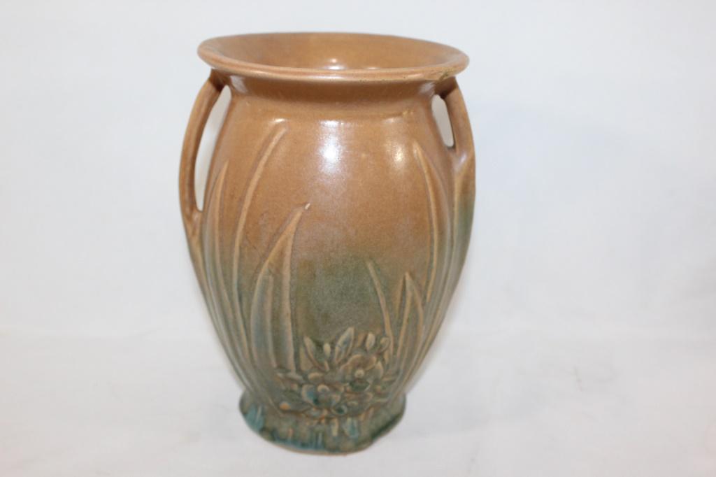 1920s McCoy Brown/Green Vase: measures about 8 inches tall; diameter at widest point about 6 inches; chip on underside of edge as pictured