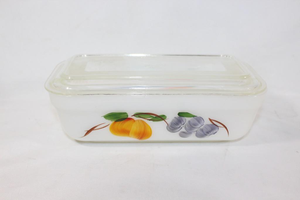 Fire King Gay Fad Fruit Refrigerator Dish: nice Gay Fad Fruit - Peaches and Plums refrigerator dish