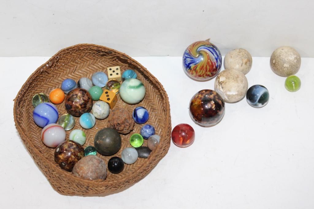 Large lot of vintage marbles: Lot of misc. vintage marbles and antique basket-