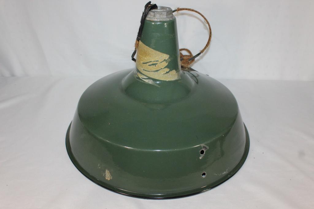 Vintage Green Enamel/Porcelain Hanging Light: mesures about 16 inches diameter, has some pre-made holes as pictured, needs rewiring