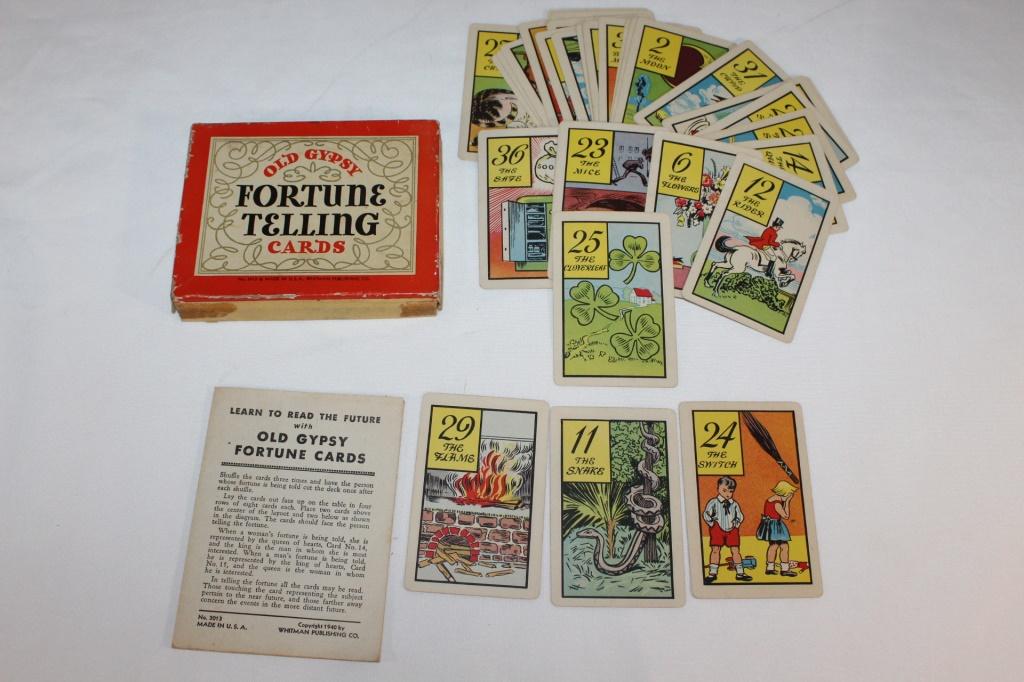 1940s Old Gypsy Fortune Telling Cards in Box: Vintage Set of Fortune Telling Cards by Whitman Publishing Co. all 36 cards and instructions included in box