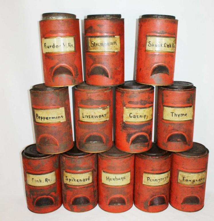 Rare Set of 12 Antique Kitchen Tins-Norton Brother: Very rare set of 12 Norton Brothers Self Sealing Kitchen Tins. Marked on top: Unscrew to Lift Pat'd Marh 31, 68, Mar 4 78, Self Sealing Can, Dec 7, 1880 Made By Norton Bros Chicago Measures about 8 3/