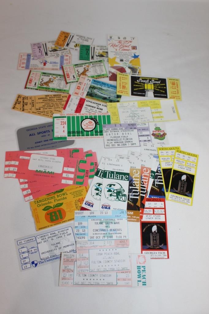 Lot of Vintage Football Ticket Stubs - 80s-90s: Inclues Miami - Peach Bowl, Louisville, Tulane, Memphis, Georgia Tech, Cinncinnati, Outback Gator Bowl Gainesville , etc