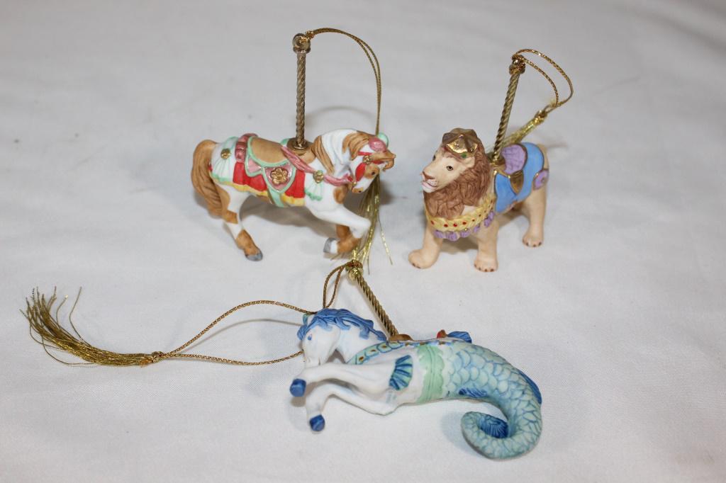 1989 Lenox Carousel Christmas Ornaments: includes Lion, Seahorse and Brown and white horse, about 3 1/2 inches long