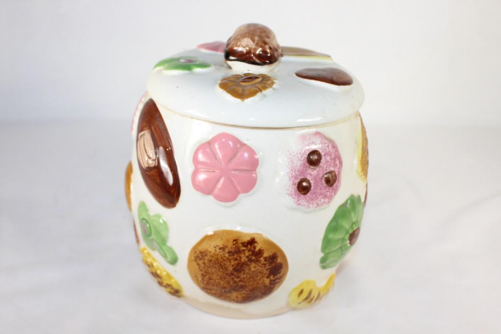 Vintage Cookies All Over Cookie Jar-Teddi Nilsen: Vintage Cookies all over cookie jar, design by Teddi Nilsen, with Walnut finial, measures about 9 inches tall