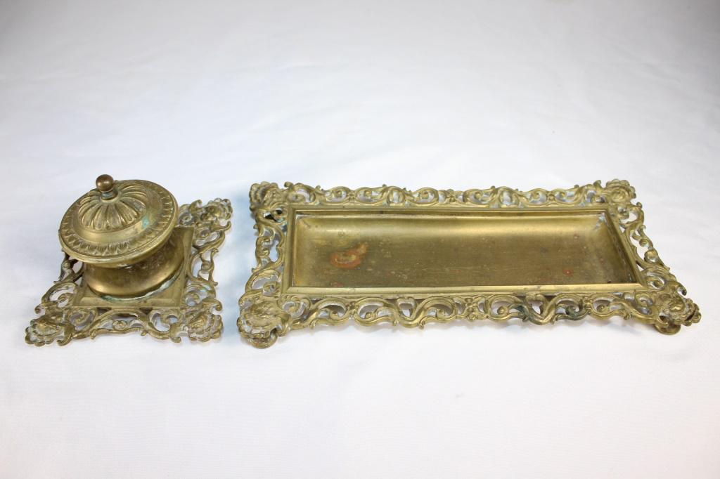 Brass Desk Inkwell and Pen Holder: tray measures about 9 1/4 inches long by 4 1/2 inches wide;