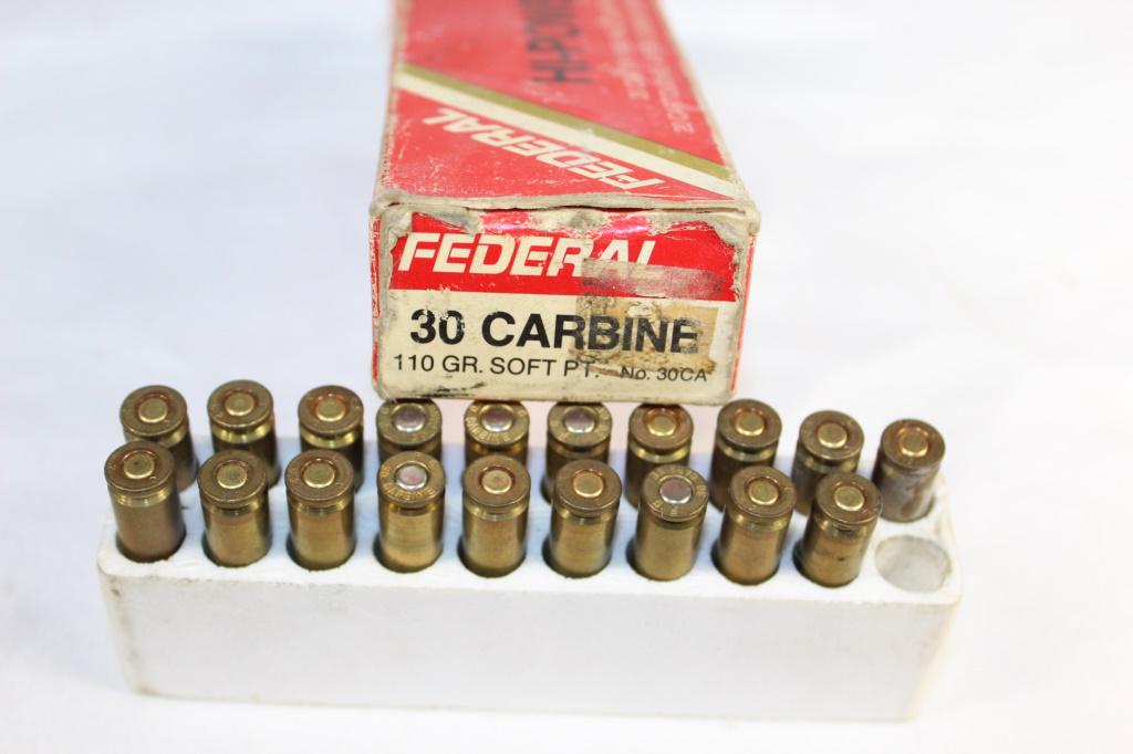 Box (minus 1) Federal 30 Carbine Ammo: Aprox 19 rounds in box as pictured