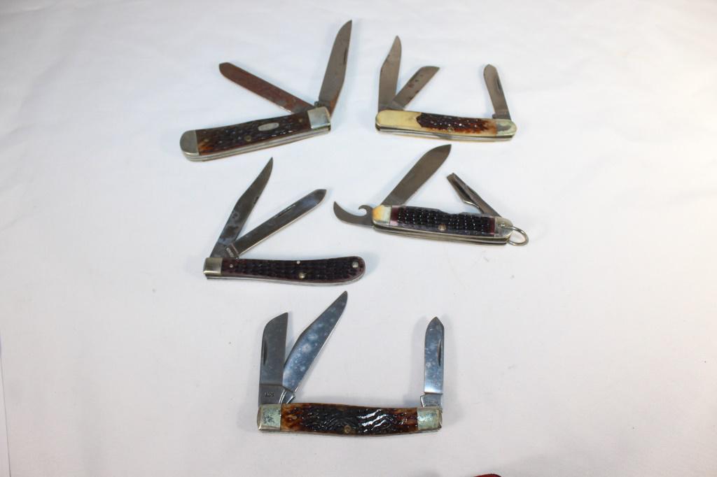 Lot of 5 Vintage Case XX Knives: 1 - Model 6375 2 - Model 6347 3 - model 640045 4 - Model 6254 5 - Model 62048 Some have rust etc, as pictured