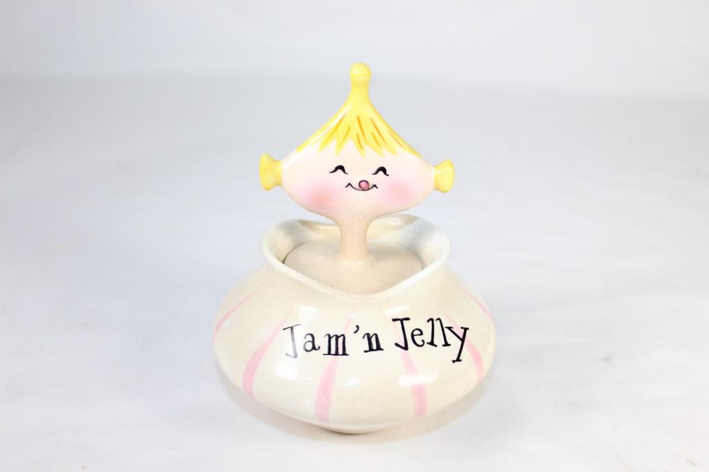 Holt Howard 1958 - Pixie Jam & Jelly Jar: 1958 - Holt Howard Pixie Jam' n Jelly Jar - Good overall condition, discolor to the ceramic due to age, spoon is in great condition - no chips or cracks, slight chip to underside of lid as pictured