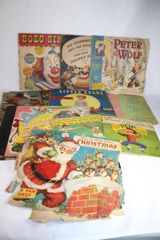 Lot of Antique/vTG Childrens Records - Bozo, etc.: Inclues: Ballad of Davy Crockett, Take me Out to the Ballgame, Bozo at the Circus with book, Little Orley, Peter and the Wolf (peter pan records); Goldilocks and the 3 Bears etc as pictured