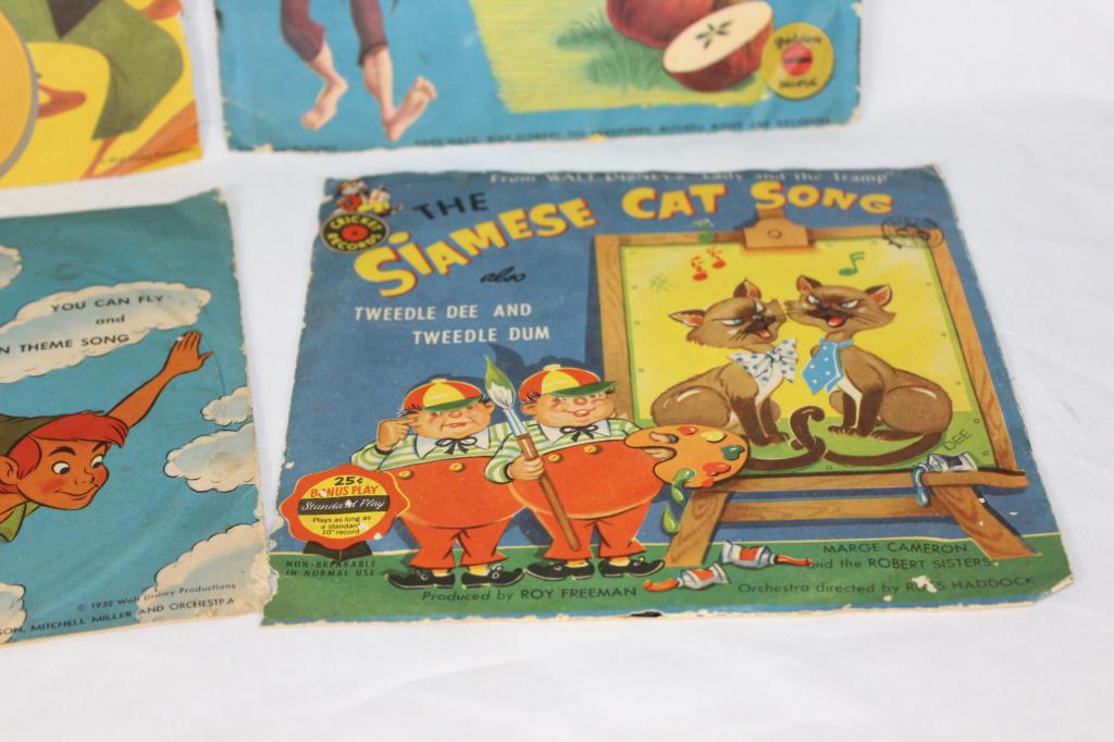 Vtg Walt Disney Records - Song of the South, etc.: Includes Cricket Records - Siamese Cat Song from Lady and the Tramp, Peter Pan - you can fly and theme song, Johnny Appleseed - Pioneer Song and Apple Song; Song of the South Zip-a-dee doo-dah and lau