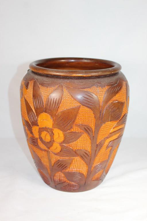 Carved Wood Planter with Pineapple, Birds: measures about 10 1/4 inches tall. 7 inches diameter at the top