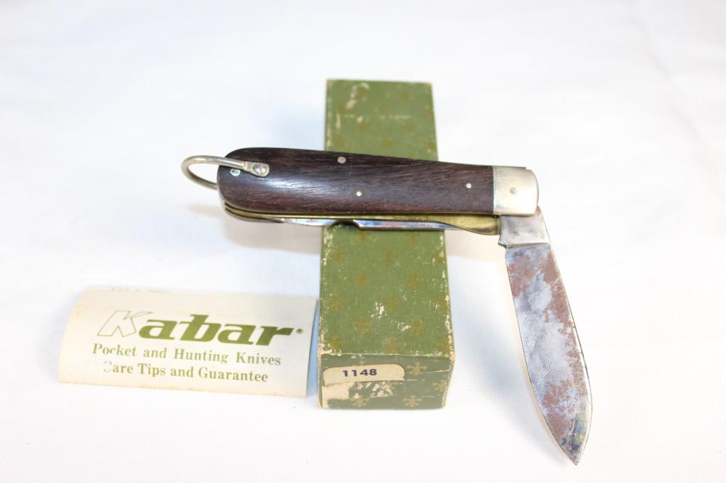 Vtg Kabar 1148 Wood 2 Blade Electricians Knife-box: good overall condition, light rust on blade as pictured
