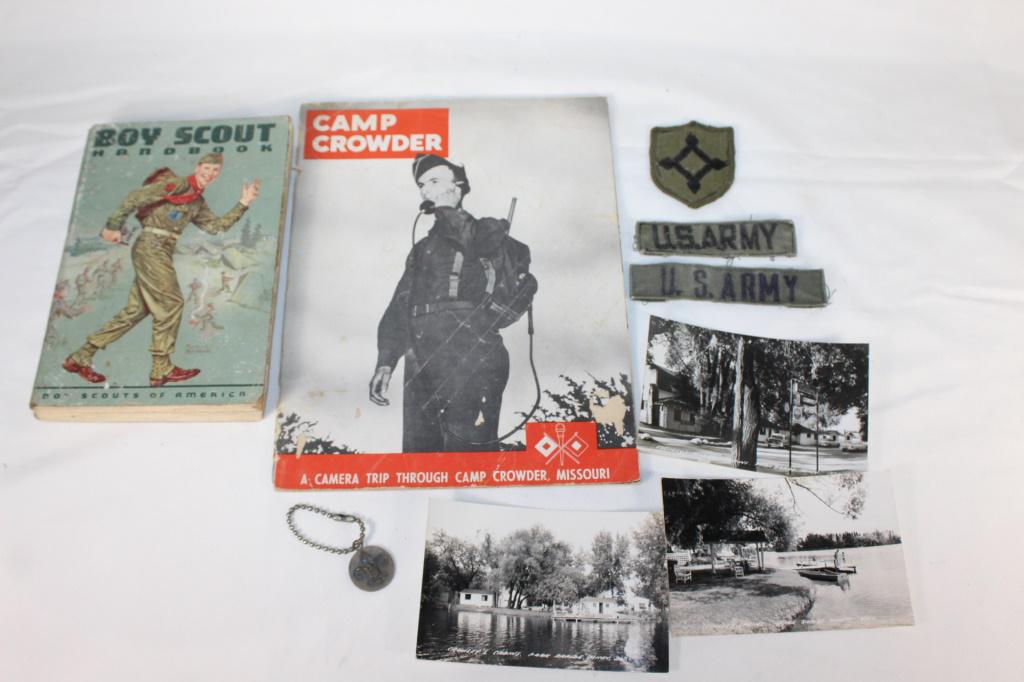 Camp Crowder Maga, Boyscout Book, Military Patches: vintage lot of boy scout and military as pictured
