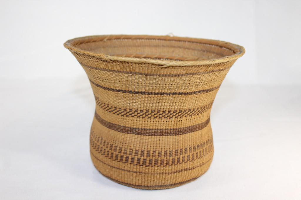 Antique Native American Twined Basket Polychrome: Haida? Measures about 5 1/2 inches tall by 7 1/2 inches diameter