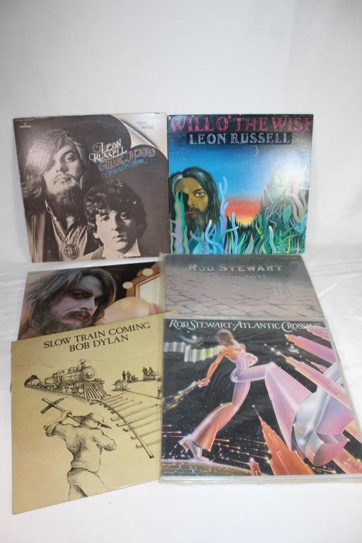 Lot of Vtg Vinyl Records - Bob Dylan: Bob Dylan - Slow Train Coming Rod Stewart - Atlantic Crossing Rod Stewart - Gasoline Alley Leon Russel - Carney Leon Russell Will O the Wiisp Leon Russell & Marc Benno Asylum Choir Records are in grea