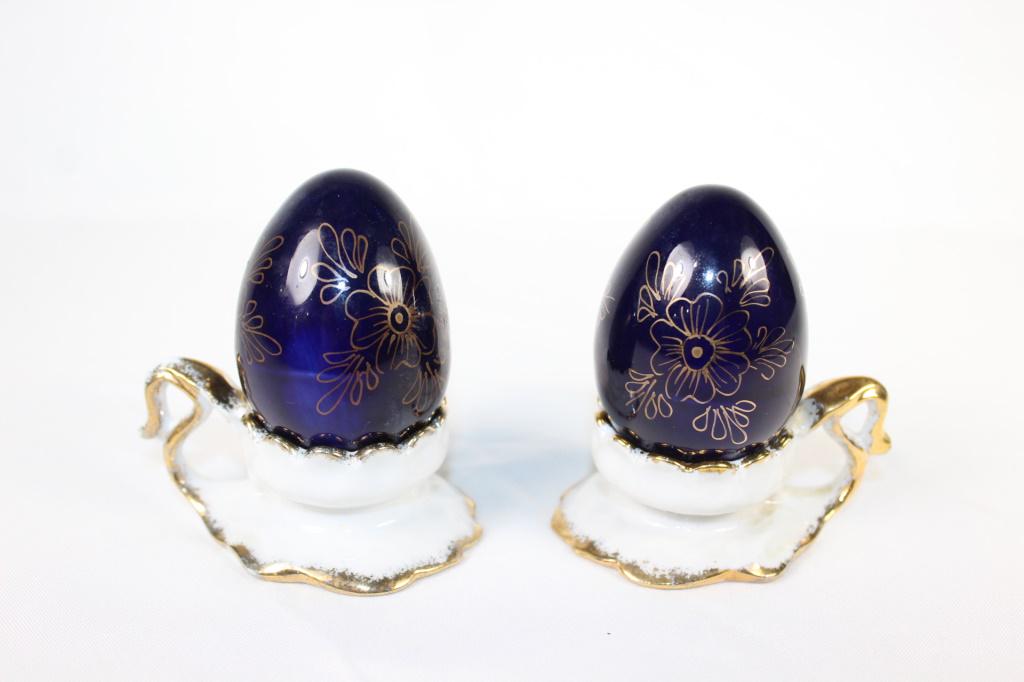 Pair - Camina Fine Porcelain Egg Stand with Eggs: Pair of Camina Fine Porcelain White Decorative Egg Holders with Cobalt Blue Eggs with Gold Flower Design; Camina Extra Fine Porcelain Hand Made Romania