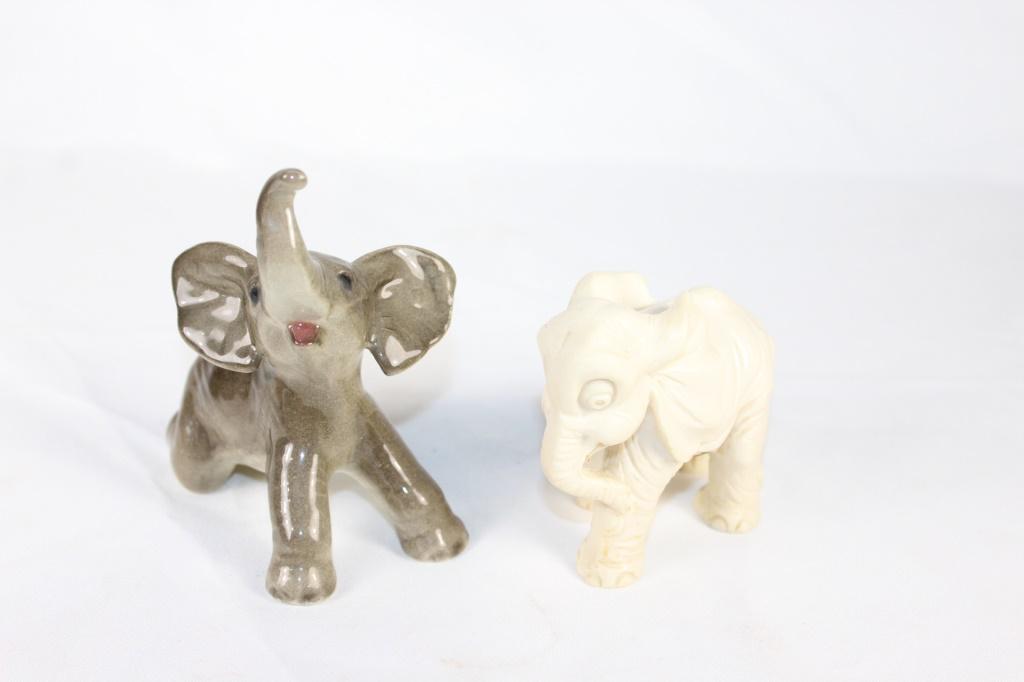 Goebel W. Germany & Santini Elephants: Goebel W. Germany Baby elephant, approx 4 1/ 4 inches tall; Santini White elephant,e about 4 inches tall, good overall condition, no chips or cracks