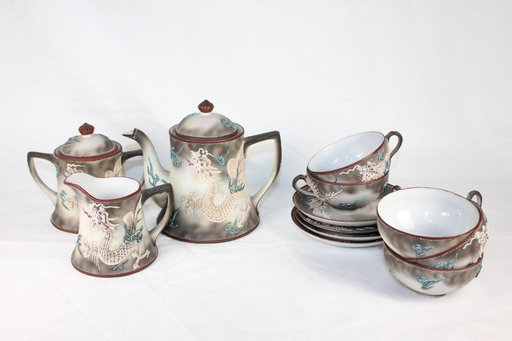 Moriage Dragon Tea Set: includes teapot (repaired) saucers, cups sugar as pictured