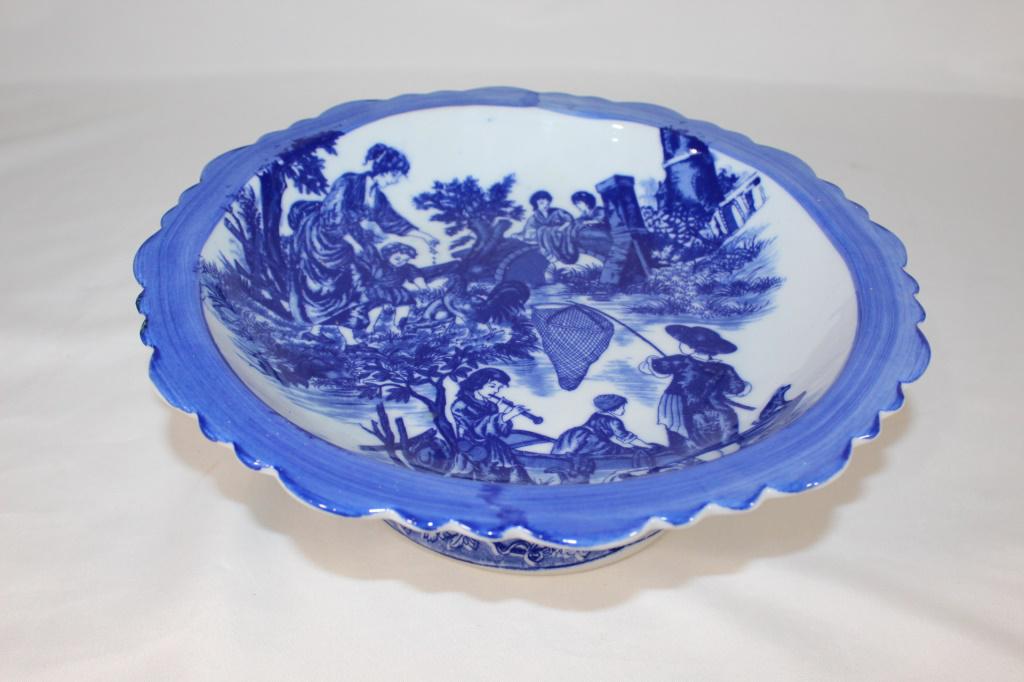 Vintage Victoria Ware Flow Blue Pedstal Bowl: measures about 11 3/4 inches diameter by 4 inches tall