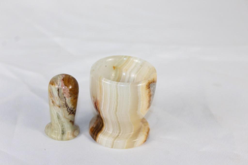 Small Stone Mortar & Pestle: measures about 2 inches tall, chip to pestle