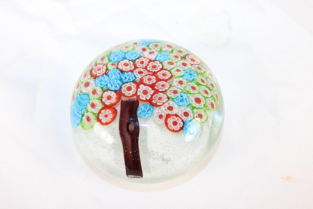 Glass Millefior Tree Paperweight: Blue green red and white tree inside a white back ground, no chips or cracks