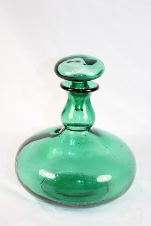 Mid Century - Green Glass Decanter -Made in Taiwan: measures about 8 inches tall, appears hand blown? embossed on bottom, Made in Taiwan