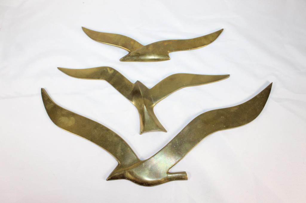 Trio of Mid-Century Brass Bird Wall Art: Three - Brass Mid-Century Wall Art 1 - Measures about 15 inches across 2 - meausres about 10 1/2 inches across; 3 - 12 inches across
