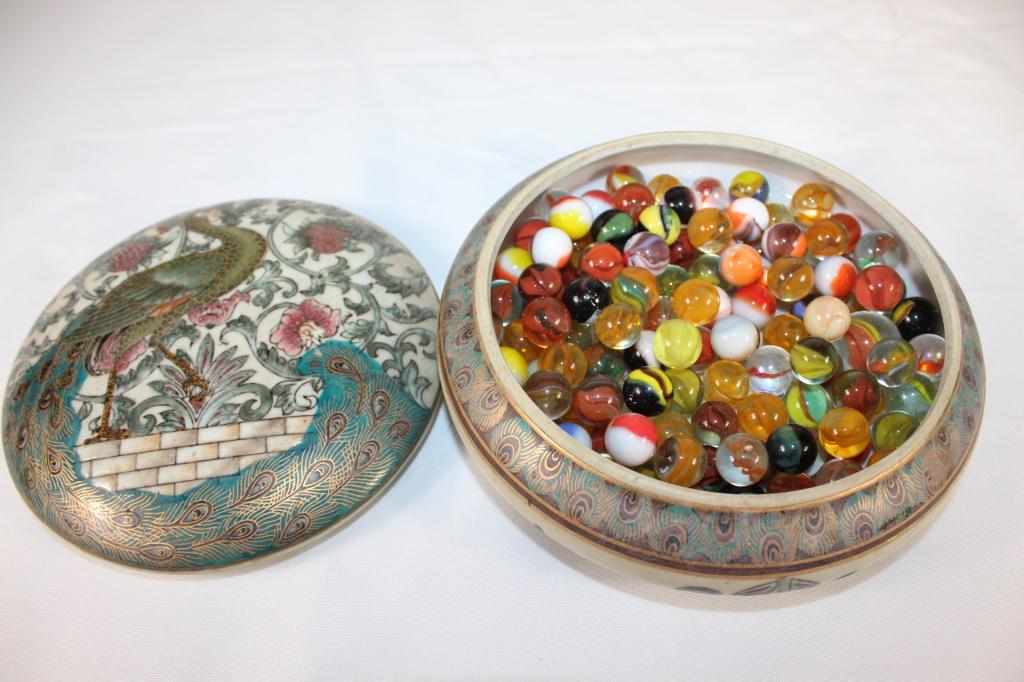 Asian Peacock Covered Dish with Marbles: Ceramic Peacock Covered bowl with marbles as pictured