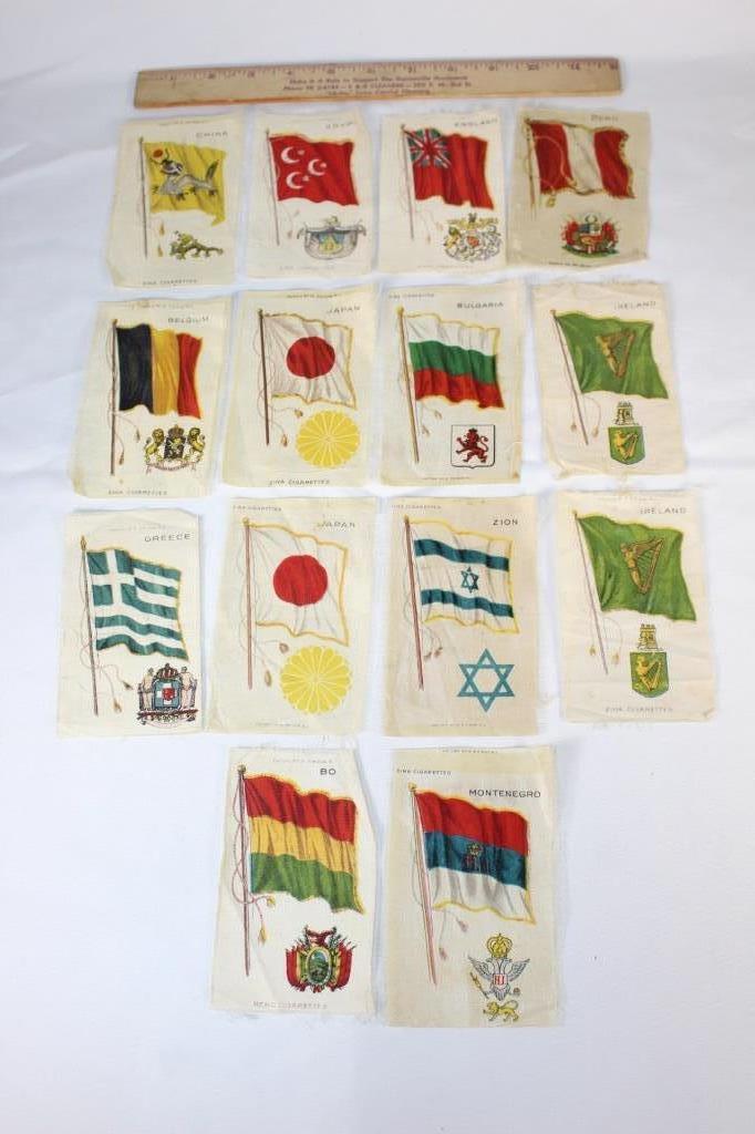 Zira Cigarettes - 14 Silk Flags - Around the World: Lot of 14 Silk Flags from Zira Cigarettes - from Around the World, approx 3 inches by 5 inches as pictured: Includes: China, Egypt, England, Peru, Belgium, Japan, Bulgaria, Ireland, Greece, Montenegro