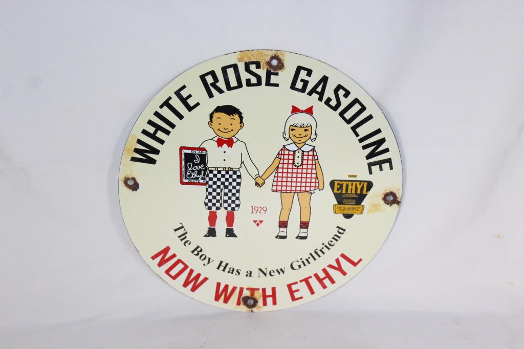 White Rose Gasoline Round Porcelain Sign: measures about 11 3/4 inches diameter, has rust as pictured