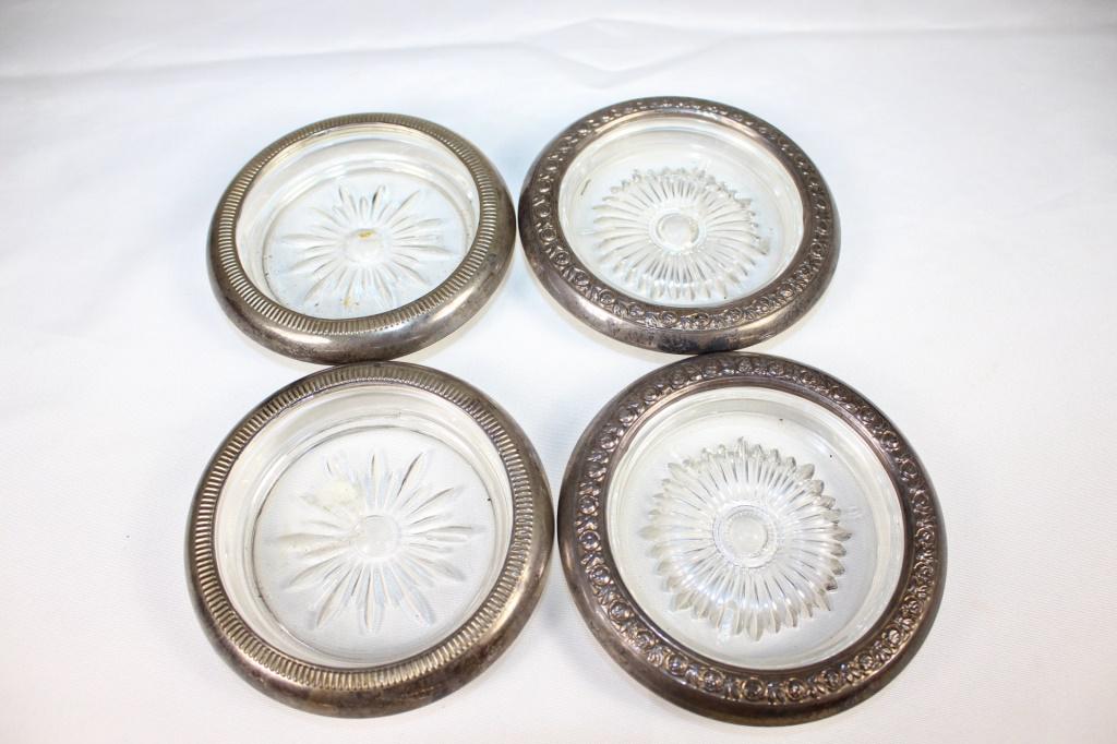 Set of 4 Glass Coaster with Sterling Trim: 2 Marked Crown Sterling, 2 Marked Sterling, Glass Coasters with trim