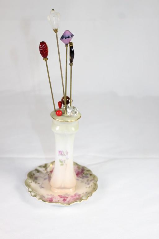 1910s R&S Porcelain Hat Pin Holder w/pins (1 of 4)