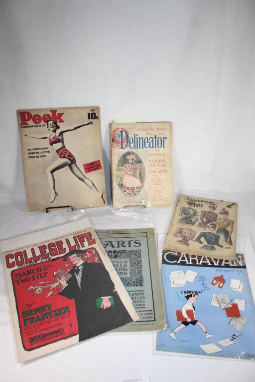 Lot of Vintage Magazines - Peek, Caravan etc: Includes: Les Arts - May 1913; Caravan Sept. 1938; The Delineator - May 1899 and June 1898; college Life Sheet Music - 1905; Peek c. 1940