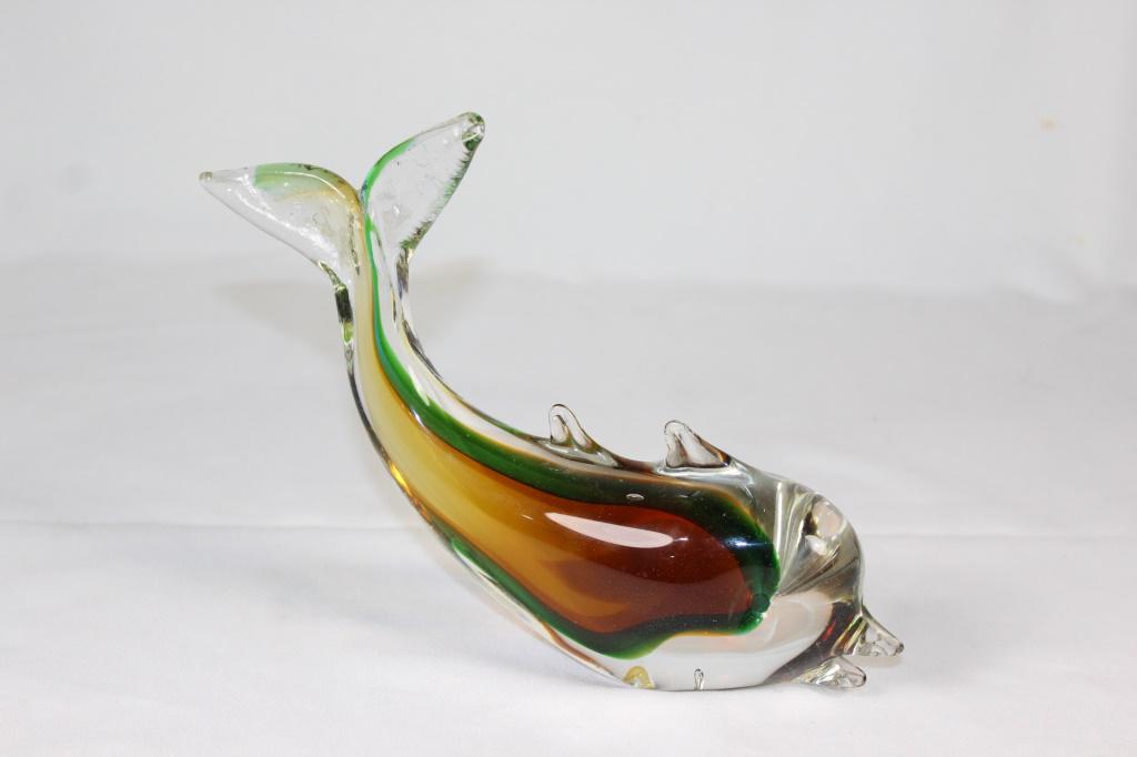 Large Brown and Green Murano? Glass Dolphin: measures about 5 3/4 inches tall by 9 inches wide