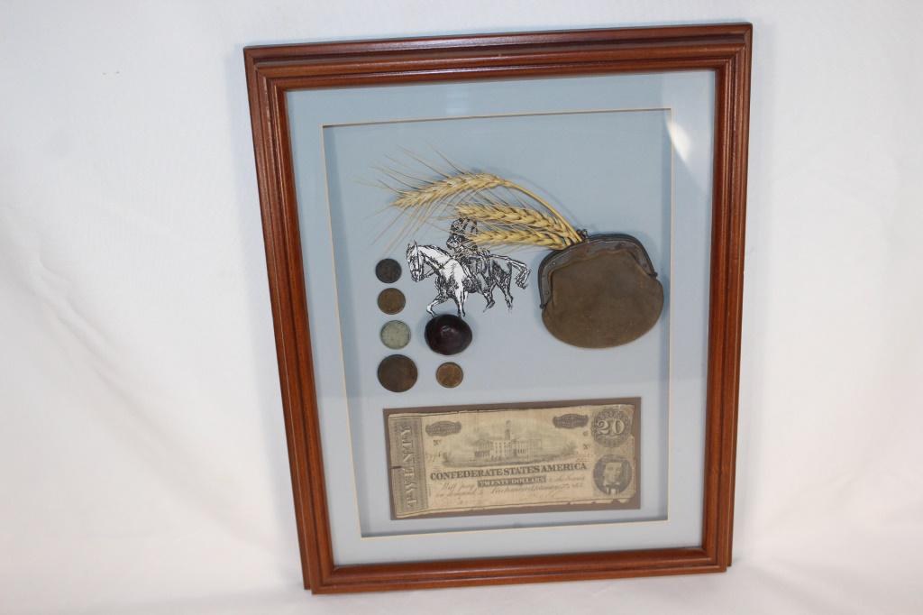 Vtg Confederate Shadowbox - Money: Has a $20 Confederate bill, 1909 Penny, 1906 Indian Head Penny, 1887 Liberty Head coin, 1920 Mercury Dime -