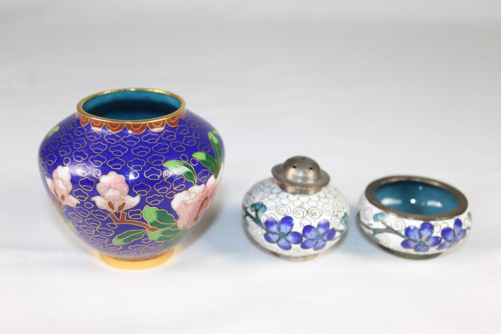 Lot of Cloisonne - Salt Celler, shaker & Vase: Small Blue vase, small white salt shaker and salt celler